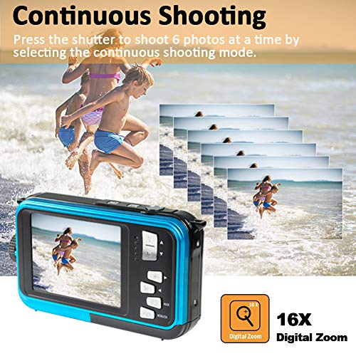 Shimshon Underwater Camera Full HD 2.7K 48MP Waterproof Camera for Snorkeling Dual Screen Waterproof Camera Digital with Self-Timer and 16X Digital Zoom (Blue)