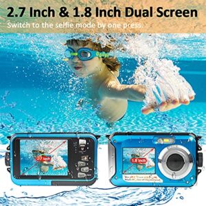 Shimshon Underwater Camera Full HD 2.7K 48MP Waterproof Camera for Snorkeling Dual Screen Waterproof Camera Digital with Self-Timer and 16X Digital Zoom (Blue)