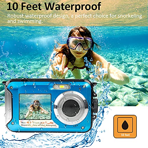 Shimshon Underwater Camera Full HD 2.7K 48MP Waterproof Camera for Snorkeling Dual Screen Waterproof Camera Digital with Self-Timer and 16X Digital Zoom (Blue)
