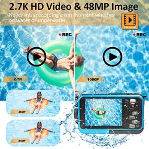 Shimshon Underwater Camera Full HD 2.7K 48MP Waterproof Camera for Snorkeling Dual Screen Waterproof Camera Digital with Self-Timer and 16X Digital Zoom (Blue)