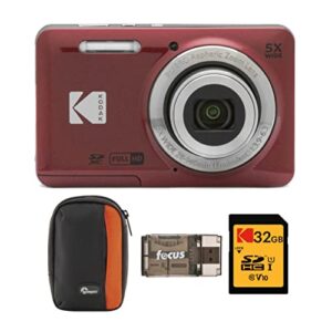 kodak pixpro friendly zoom fz55 digital camera (red) bundle with camera case, 32gb class 10 uhs-i u1 sdhc memory card and usb 2.0 card reader (4 items)