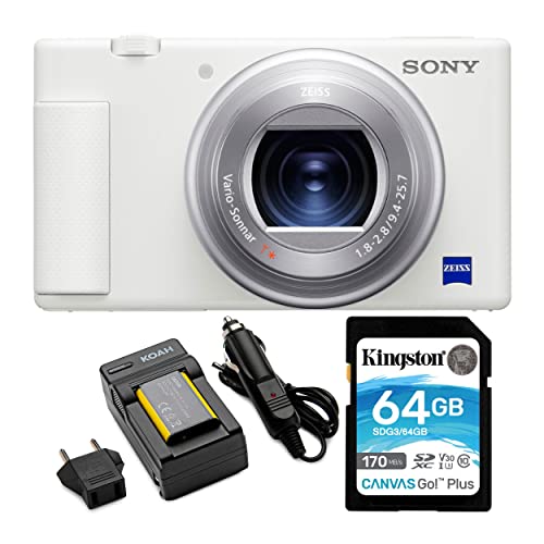 Sony ZV-1 Camera for Content Creators and Vloggers (White) Bundle with NP-BX1 Battery with Charger and 64GB Canvas Go Plus 170MB/s SD Card (3 Items)