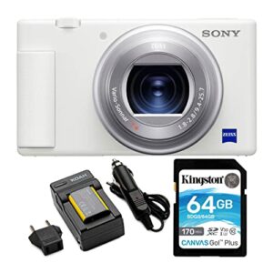 sony zv-1 camera for content creators and vloggers (white) bundle with np-bx1 battery with charger and 64gb canvas go plus 170mb/s sd card (3 items)