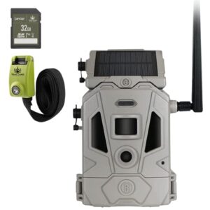 bushnell cellucore 20 solar trail camera, low glow hunting game camera with detachable solar panel with bundle options (strap + sd card)