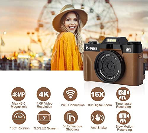 Digital Camera for Photography,Vlogging Camera for YouTube with WiFi 180° Flip Screen,16X Digital Zoom,Digital Camera for Kids and Adults with One Batteries,Wide-Angle Lens and 32GB Micro Card