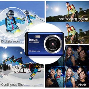 Mini Digital Camera for Photography with 2.8 Inch LCD 8X Digital Zoom, 20MP HD Digital Camera Rechargeable Point and Shoot Camera, Indoor Outdoor for Kids/Seniors/Learner(Blue)