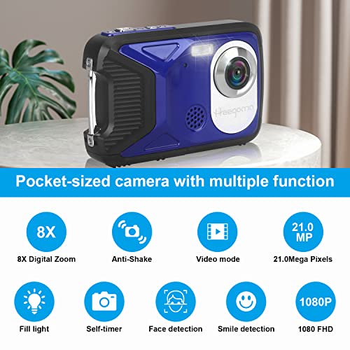 Waterproof Digital Camera,1080P 21MP HD Digital Camera with 2.8" LCD Screen,Rechargeable Point and Shoot Camera,Compact Portable Digital Camera for Kids Students,Teens,Beginner with 8X Digital Zoom