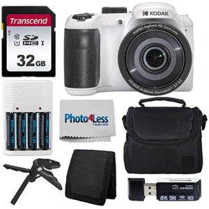 kodak pixpro az255 digital camera (white) + point & shoot camera case + transcend 32gb sd memory card + rechargeable batteries & charger + usb card reader + table tripod + accessories
