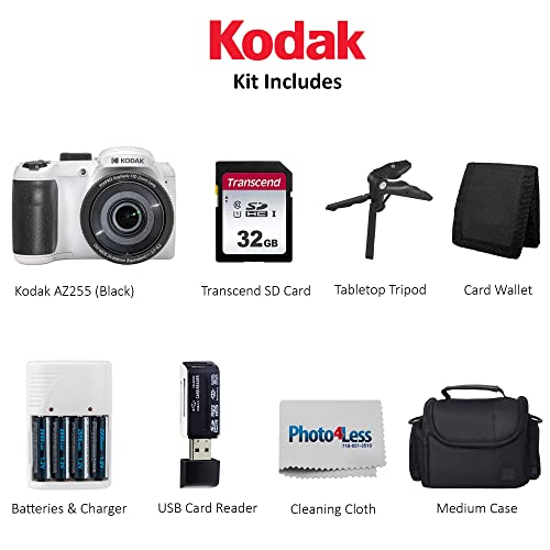 Kodak PIXPRO AZ255 Digital Camera (White) + Point & Shoot Camera Case + Transcend 32GB SD Memory Card + Rechargeable Batteries & Charger + USB Card Reader + Table Tripod + Accessories