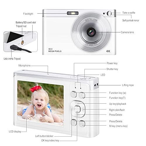 Digital Camera for Kids, Small Cameras for Teens, Portable Compact Camera for Photography, 1080P 50MP Autofocus Children Camera with 32GB SD Card, 2.88 Inch LCD Screen, 16x Digital Zoom (White)