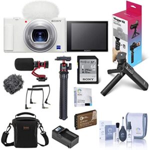 sony zv-1 compact 4k hd digital camera, white bundle shooting grip/tripod, 64gb uhs-ii sd card, bag, mic, flexible tripod, extra battery, charger and accessories