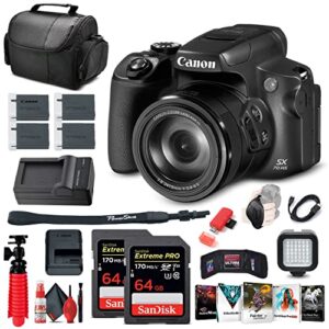 canon powershot sx70 hs digital camera (3071c001) + 2 x 64gb card + corel photo software + 3 x lpe12 battery + charger + card reader + led light + hdmi cable + deluxe soft bag + more (renewed)