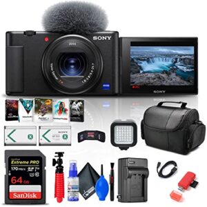 sony zv-1 digital camera (black) (dczv1/b) + 64gb card + corel photo software + np-bx1 battery + card reader + led light + hdmi cable + deluxe soft bag + charger + flex tripod + more