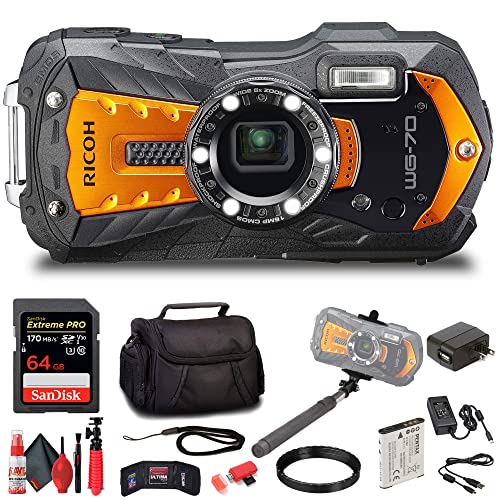 Ricoh WG-70 Waterproof Digital Camera (Orange) + 64GB Extreme Pro SD Card + Small Case + Selfie Stick + Memory Card Wallet + SD Card Reader + 6Ave Cleaning Kit