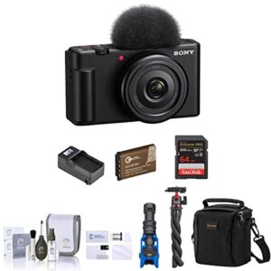 sony zv-1f vlogging camera, black bundle with 64gb sd card, shoulder bag, shotgun mic, tripod, extra battery, charger, cleaning kit