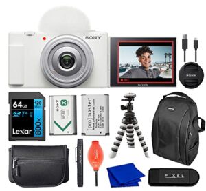 sony zv-1f vlogging camera (white) bundle with flexible tripod & 64gb sd card & more
