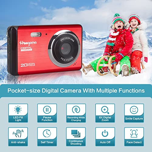 Digital Camera for Photography, FHD 1080P 20MP Point and Shoot Camera with 2.8" TFT LCD, Compact Rechargeable Vlogging Cameras for Kids,Beginner,Students,Teens,Elders (Red)