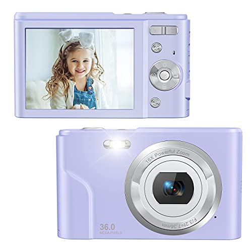 Zostuic Digital Camera 36 Mega Pixels Small Camera 1080P Vlogging Camera Portable Camera with 16X Digital Zoom, 2 Batteries Kids Camera for Students, Teens(Purple)