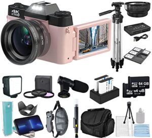 acuvar 4k 48mp digital camera kit for photography, vlogging for youtube w/flip screen, wifi, wide angle lens, filters, 2x 64gb micro sd cards, 50″ tripod, case, card reader, microphone, led & more