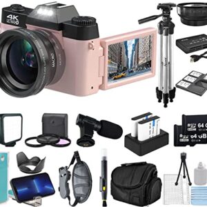 Acuvar 4K 48MP Digital Camera Kit for Photography, Vlogging for YouTube w/Flip Screen, WiFi, Wide Angle Lens, Filters, 2X 64GB Micro SD Cards, 50" Tripod, Case, Card Reader, Microphone, LED & More