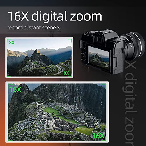 Monitech 4K Digital Camera for Photography and Video, 48MP Vlogging Camera for YouTube with 180° Flip Screen,16X Digital Zoom,52mm Wide Angle & Macro Lens, 2 Batteries, 32GB TF Card
