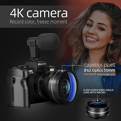 Monitech 4K Digital Camera for Photography and Video, 48MP Vlogging Camera for YouTube with 180° Flip Screen,16X Digital Zoom,52mm Wide Angle & Macro Lens, 2 Batteries, 32GB TF Card