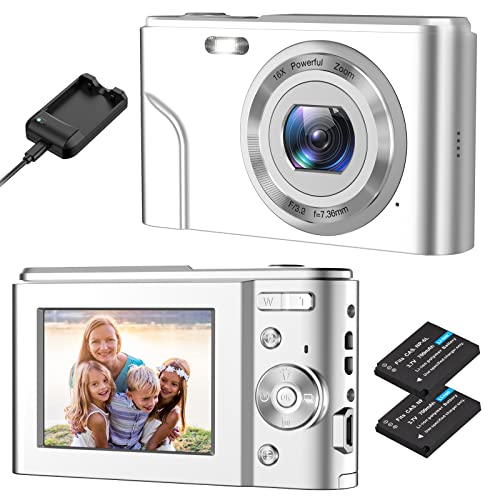 Digital Camera, HUMIDIER FHD 1080P 36MP 16X Digital Zoom Mini Vlogging Video Camera with Battery Charger, Compact Portable Cameras Point and Shoot Camera for Kids,Teens,Beginners (Silver)