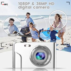 Digital Camera, HUMIDIER FHD 1080P 36MP 16X Digital Zoom Mini Vlogging Video Camera with Battery Charger, Compact Portable Cameras Point and Shoot Camera for Kids,Teens,Beginners (Silver)