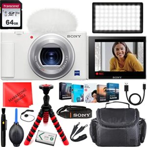 sony intl. zv-1 digital camera (white) zeiss vario-sonnar 24-70 f1.8-2.8mm vlogging/video creator bundle with portable led light, 64gb memory card, cleaning kit + accessories, zv1