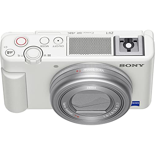 Sony Intl. ZV-1 Digital Camera (White) ZEISS Vario-Sonnar 24-70 F1.8-2.8mm Vlogging/Video Creator Bundle with Portable LED Light, 64Gb Memory Card, Cleaning Kit + Accessories, ZV1