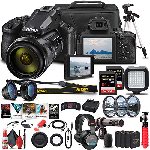 Nikon COOLPIX P950 Digital Camera (26532) + 4K Monitor + Pro Headphones + Pro Mic + 2 x 64GB Memory Card + Case + Corel Photo Software + Pro Tripod + 3 x EN-EL 20 Battery + CardReader + More (Renewed)