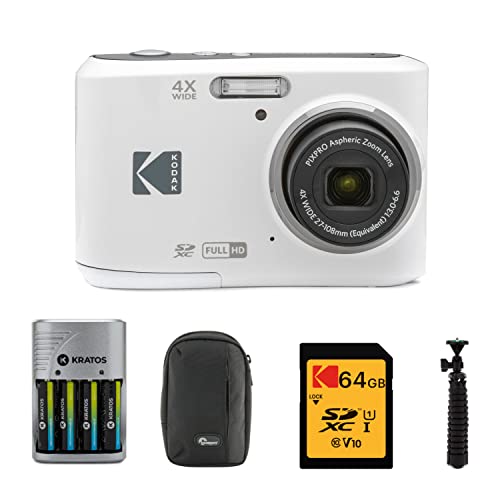 Kodak PIXPRO FZ45 Friendly Zoom Digital Camera (White) Bundle with 64 GB UHS-I U1 SDXC Memory Card, Rapid Travel Charger with 4 AA Rechargeable Batteries, Spider Tripod, and Camera Case (5 Items)