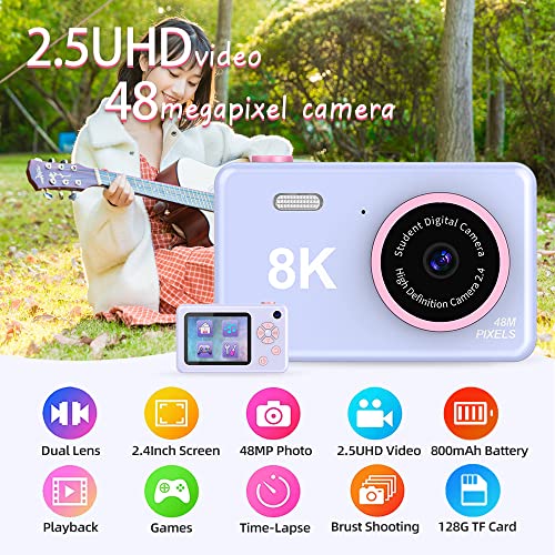 Digital Camera for 6-18 Years Old Boys and Girls - 48MP Kids Camera with 32GB SD Card, Full HD 1080Pq Front and Rear Cameras Rechargeable Mini Camera for Students, Teens, Kids