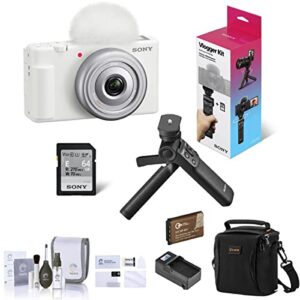 sony zv-1f vlogging camera, white bundle with accvc1 vlogger accessory kit, shoulder bag, extra battery, charger, screen protector, cleaning kit