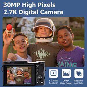 Digital Camera for Photography, Vlogging Camera with 2.7K Full HD, 30MP YouTube Camera with 180 Degree Rotation 3.0 Inch Flip Screen, 4P Lens, 32GB SD Card and 2 Batteries（Focus Fixed）