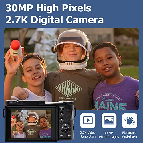 Digital Camera for Photography, Vlogging Camera with 2.7K Full HD, 30MP YouTube Camera with 180 Degree Rotation 3.0 Inch Flip Screen, 4P Lens, 32GB SD Card and 2 Batteries（Focus Fixed）