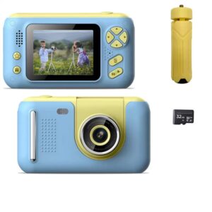 acuvar full 1080p kids selfie flip lens hd compact digital photo and video rechargeable camera with 2″ lcd screen, matching handheld tripod, 32gb card & micro usb charging (blue)