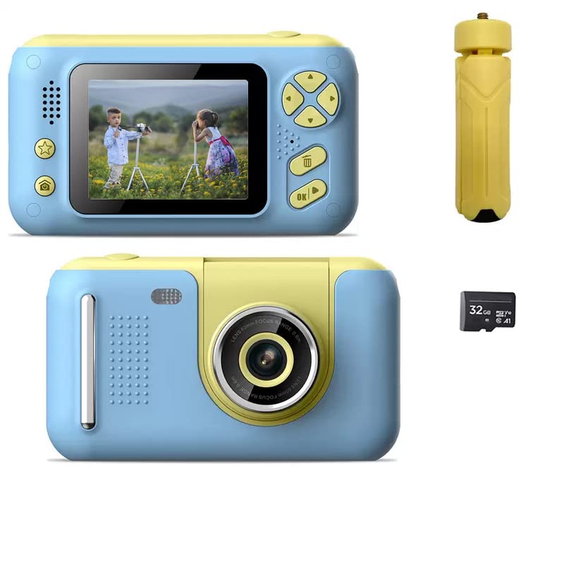 Acuvar Full 1080P Kids Selfie Flip Lens HD Compact Digital Photo and Video Rechargeable Camera with 2" LCD Screen, Matching Handheld Tripod, 32GB Card & Micro USB Charging (Blue)