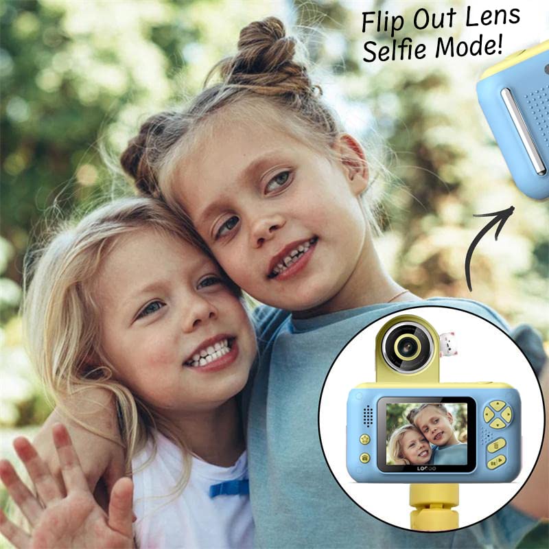 Acuvar Full 1080P Kids Selfie Flip Lens HD Compact Digital Photo and Video Rechargeable Camera with 2" LCD Screen, Matching Handheld Tripod, 32GB Card & Micro USB Charging (Blue)