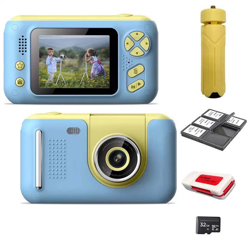 Acuvar Full 1080P Kids Selfie Flip Lens HD Digital Photo & Video Rechargeable Camera with 2" Screen, Matching Handheld Tripod, 32GB Card, Memory Card Case, Card Reader & Micro USB Charging (Blue Kit)