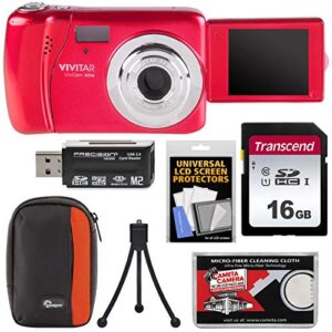 vivitar vivicam vxx14 selfie digital camera (red) with 16gb card + case + tripod + reader + kit