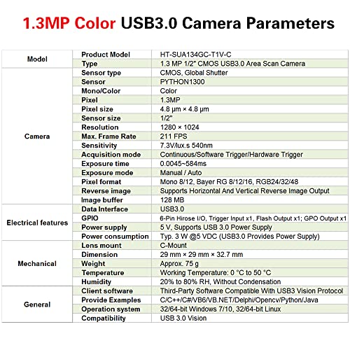 HTENG VISHI High Speed USB3.0 Color 1.3MP 1/2" Machine Vision Global Shutter Digital Industrial Camera C-Mouth Supports Windows and Linux SDK Area Scan Camera 1280x1024 211FPS Indoor