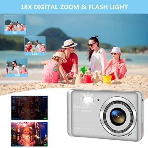 Digital Camera, Kids Vlogging Camera FHD 1080P 30MP Video Camera with 32GB SD Card, 18X Digital Zoom, 2 Batteries, 2.8" Screen Compact Portable Mini Cameras for Students Teens Adults Girls Boys-Silver