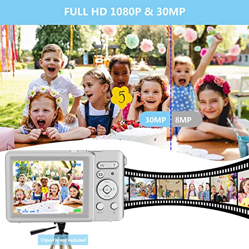 Digital Camera, Kids Vlogging Camera FHD 1080P 30MP Video Camera with 32GB SD Card, 18X Digital Zoom, 2 Batteries, 2.8" Screen Compact Portable Mini Cameras for Students Teens Adults Girls Boys-Silver