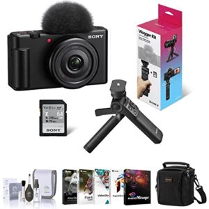 sony zv-1f vlogging camera, black bundle with accvc1 vlogger accessory kit, corel pc software kit, shoulder bag, cleaning kit