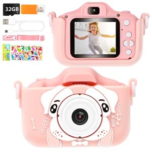 phankey kids camera for girls, 20mp 1080p digital camera for kids with 32gb card,rechargeable, soft silicone shockproof case, great gift for kids, pink (pink-b)