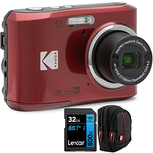 Kodak FZ45RD PIXPRO FZ45 16MP Digital Camera, Red Bundle with Lexar 32GB High-Performance 800x UHS-I SDHC Memory Card + Deco Photo Point and Shoot Field Bag Camera Case