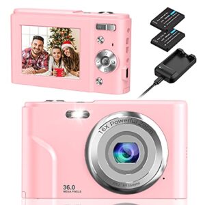 digital camera, nezini 2 charging mode mini kids camera, full hd 1080p 36mp 2.4 inch lcd vlogging camera for kids, 16x zoom compact pocket camera point and shoot camera for kids beginners (pink)
