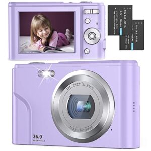 digital camera fhd 1080p 36mp vlogging camera rechargeable kids camera with 16x digital zoom, led fill light, lcd screen, 2 batteries, compact portable pocket camera for teens students (purple)