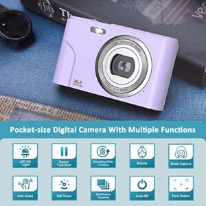 Digital Camera FHD 1080P 36MP Vlogging Camera Rechargeable Kids Camera with 16X Digital Zoom, LED Fill Light, LCD Screen, 2 Batteries, Compact Portable Pocket Camera for Teens Students (Purple)